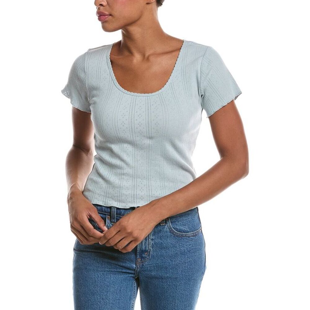 Perfectwhitetee Womens  Helena Pointelle Crop T-Shirt, Blue